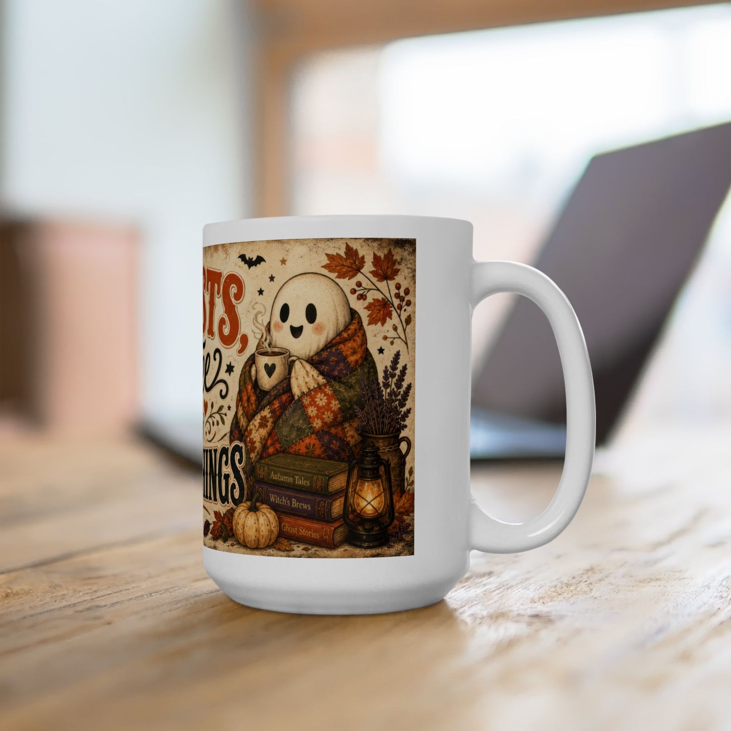 Ghosts, Coffee & Cozy Things Mug | Halloween Coffee Cup, 15 oz