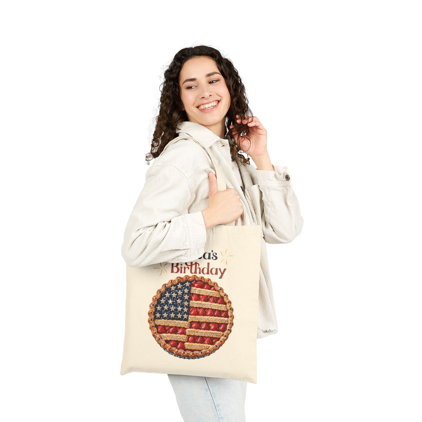 America's Birthday Patriotic Tote Bag | Fourth of July Canvas Tote | American Flag Pie Grocery Bag | Summer Market Tote