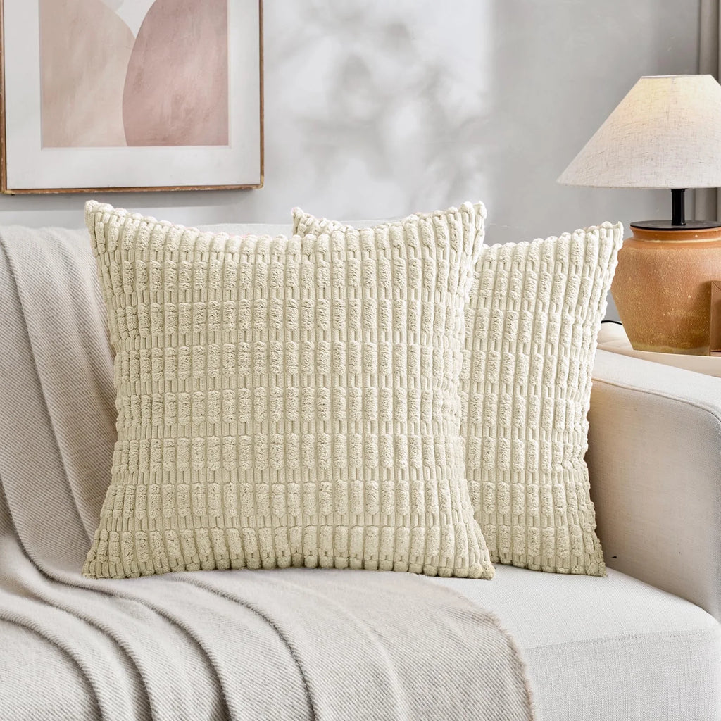 Throw Pillow Covers 18X18 Inch Set of 2 Corduroy Decorative Pillow Cases Couch Pillows Soft Boho Striped Cushion Cases Set for Sofa Living Room Couch Bedroom Car, Cream White