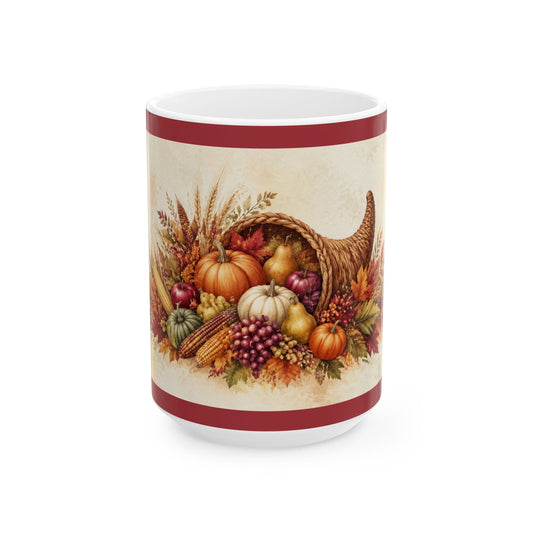 Fall Harvest Cornucopia Mug | Thanksgiving Autumn Coffee Cup, 15 oz
