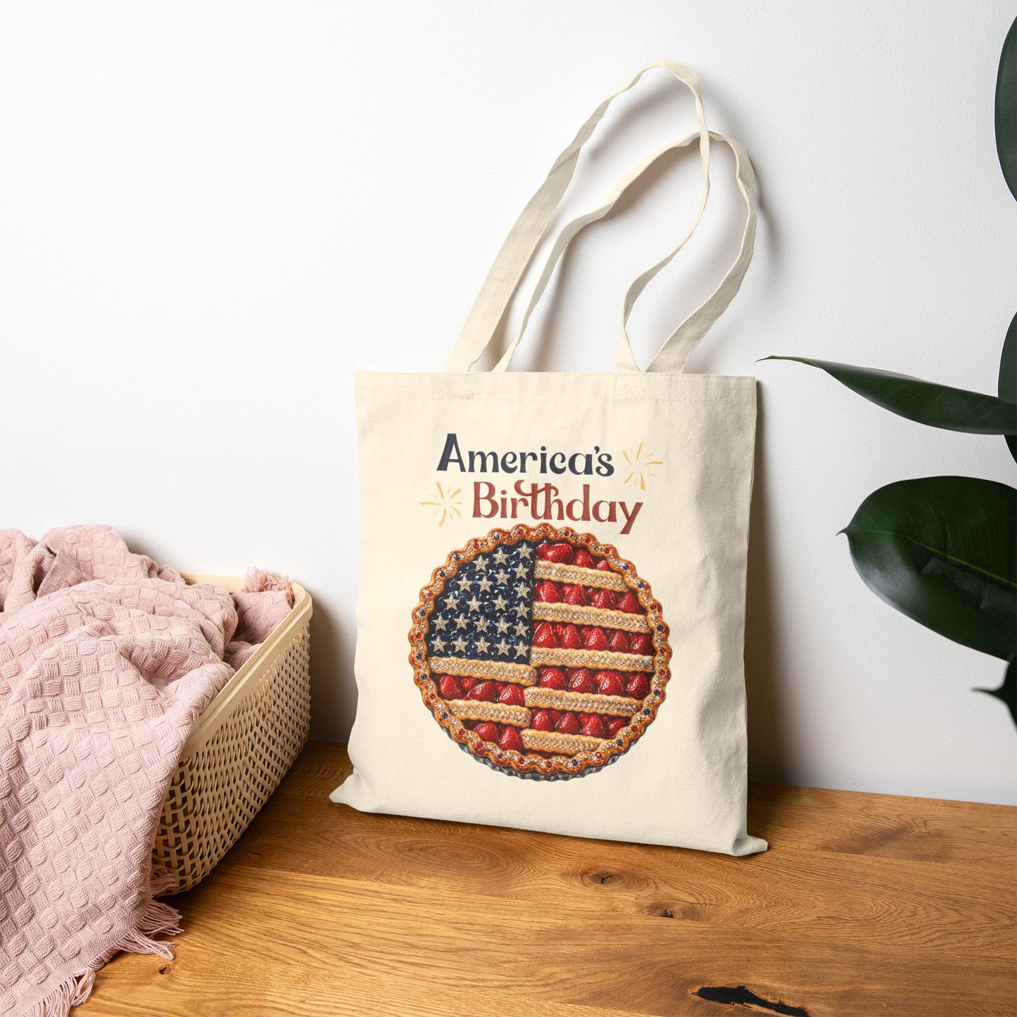 America's Birthday Patriotic Tote Bag | Fourth of July Canvas Tote | American Flag Pie Grocery Bag | Summer Market Tote