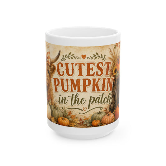 Cutest Pumpkin in the Patch Mug | Highland Cow Fall Coffee Cup, 15 oz