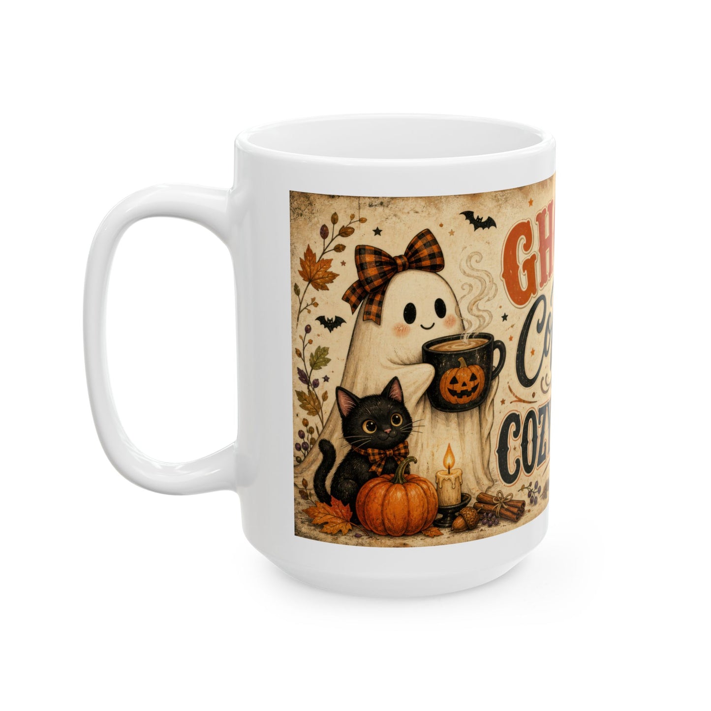 Ghosts, Coffee & Cozy Things Mug | Halloween Coffee Cup, 15 oz