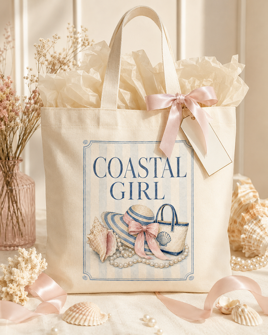 Coastal Girl Canvas Tote Bag — Beach Hat & Seashell Market Tote