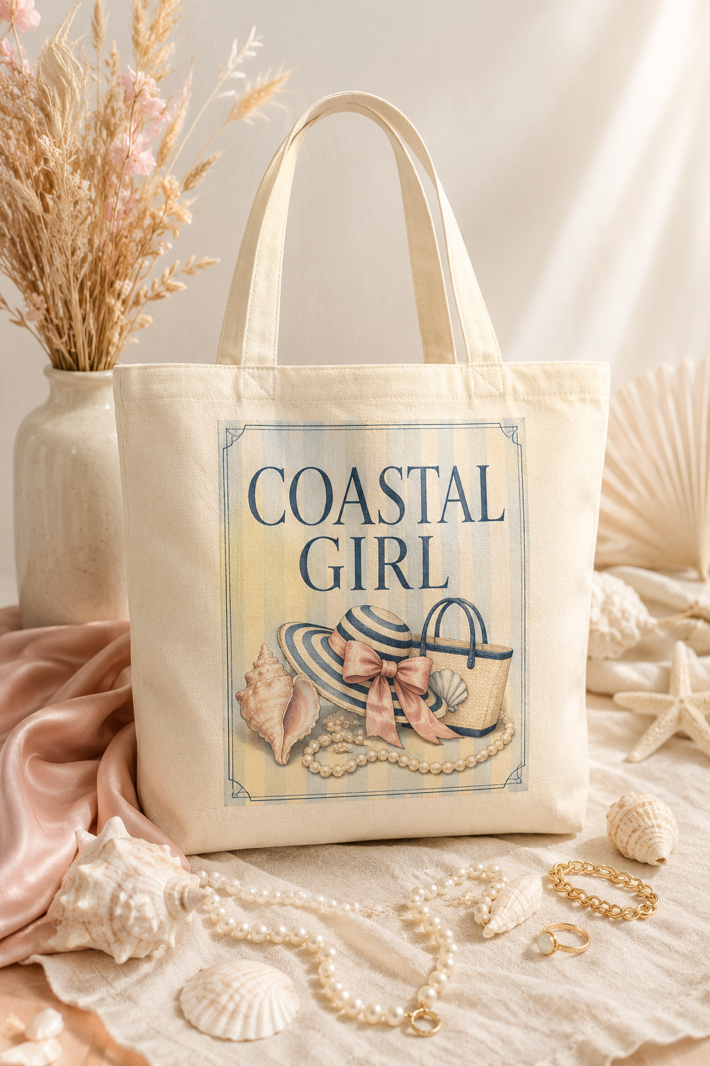 Coastal Girl Canvas Tote Bag — Beach Hat & Seashell Market Tote