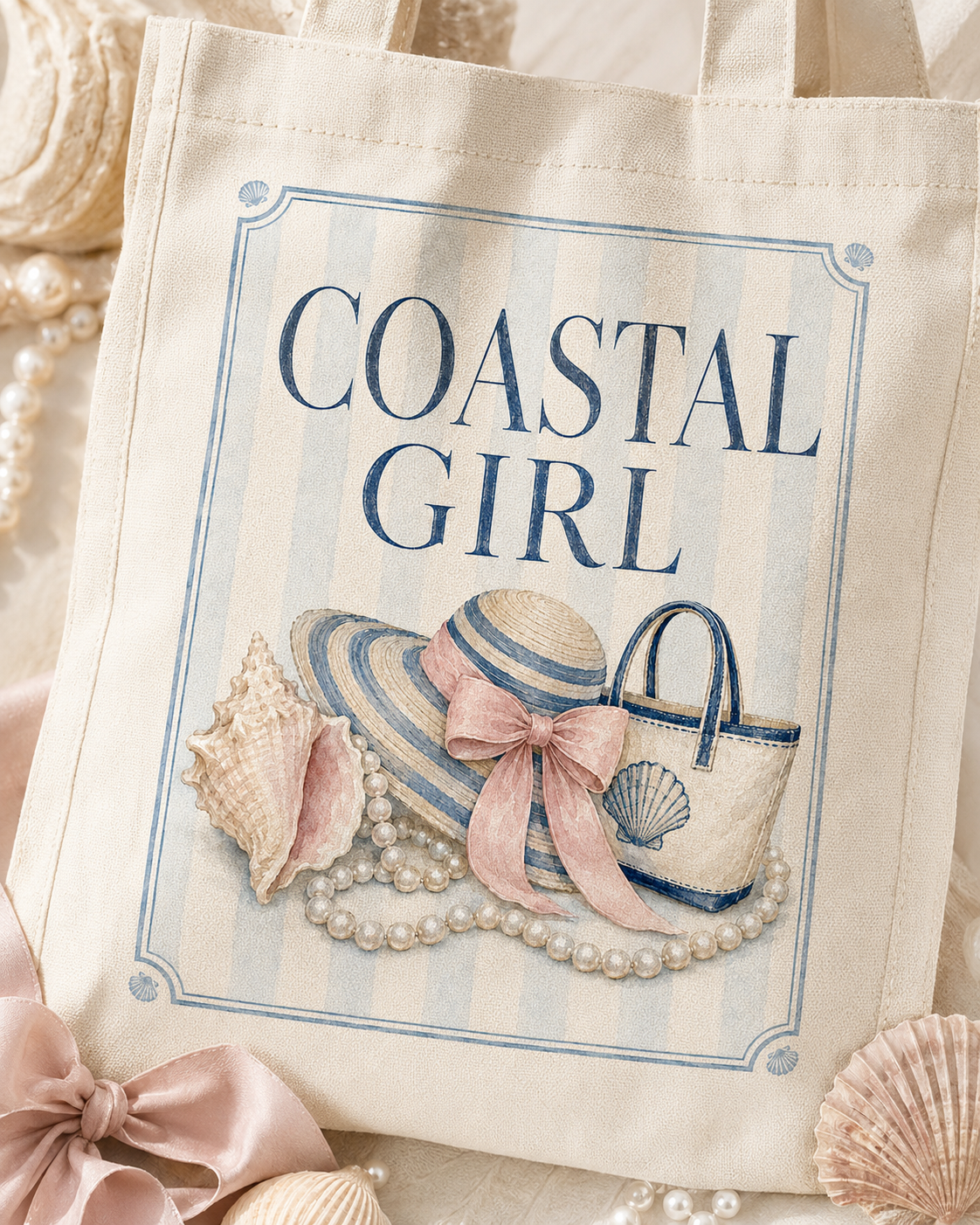 Coastal Girl Canvas Tote Bag — Beach Hat & Seashell Market Tote