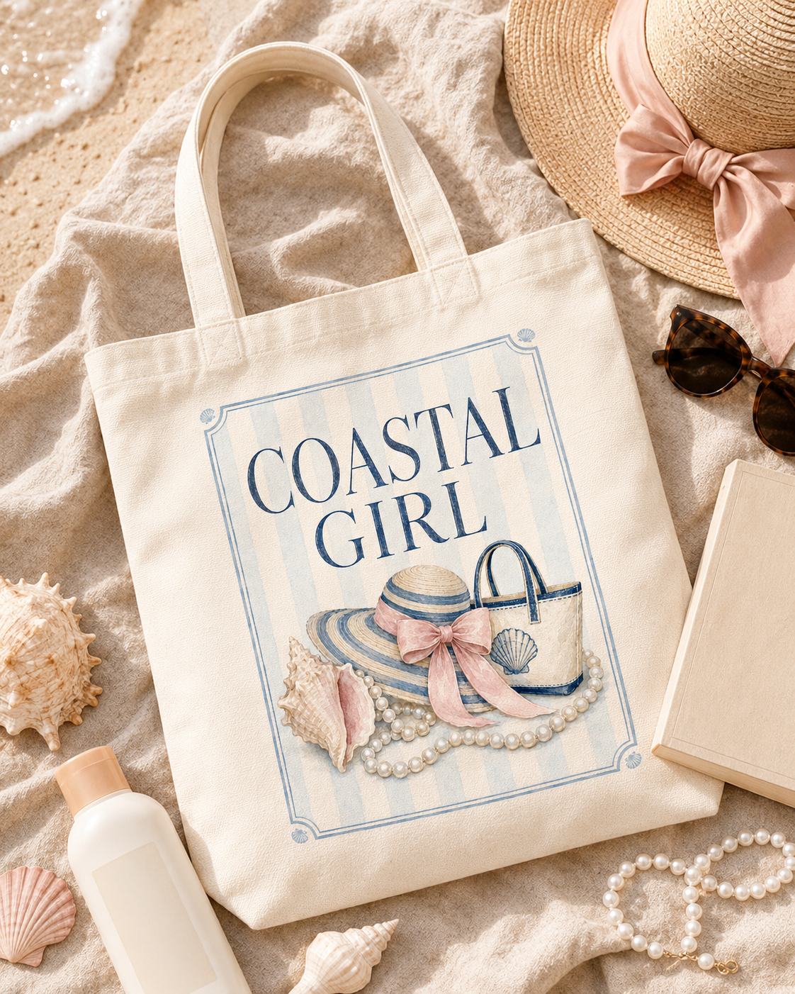 Coastal Girl Canvas Tote Bag — Beach Hat & Seashell Market Tote