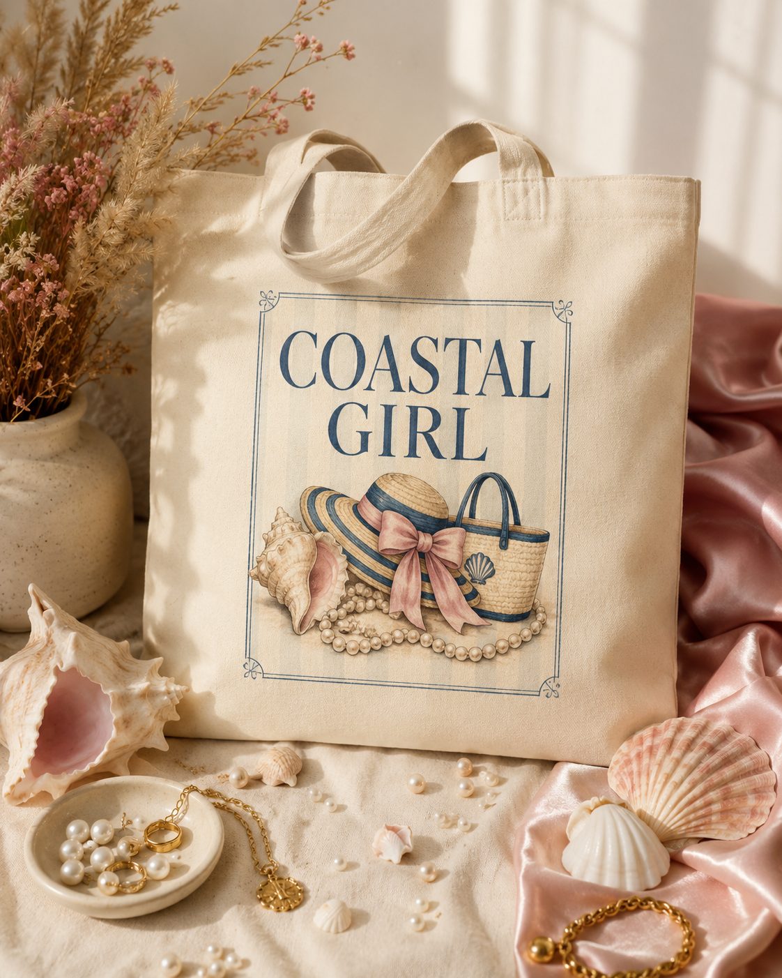 Coastal Girl Canvas Tote Bag — Beach Hat & Seashell Market Tote