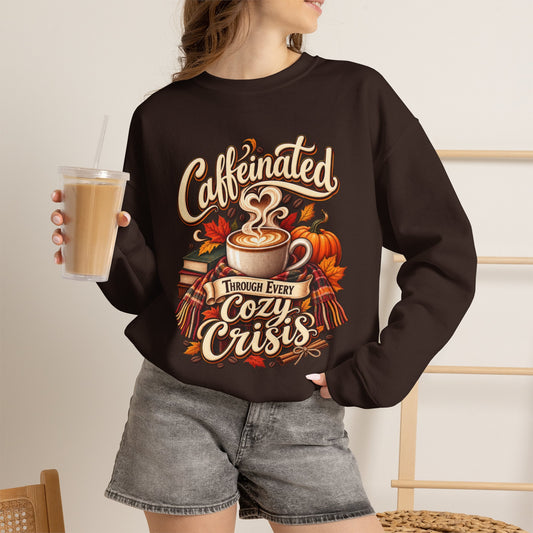 Caffeinated Through Every Cozy Crisis Sweatshirt | Fall Coffee Crewneck