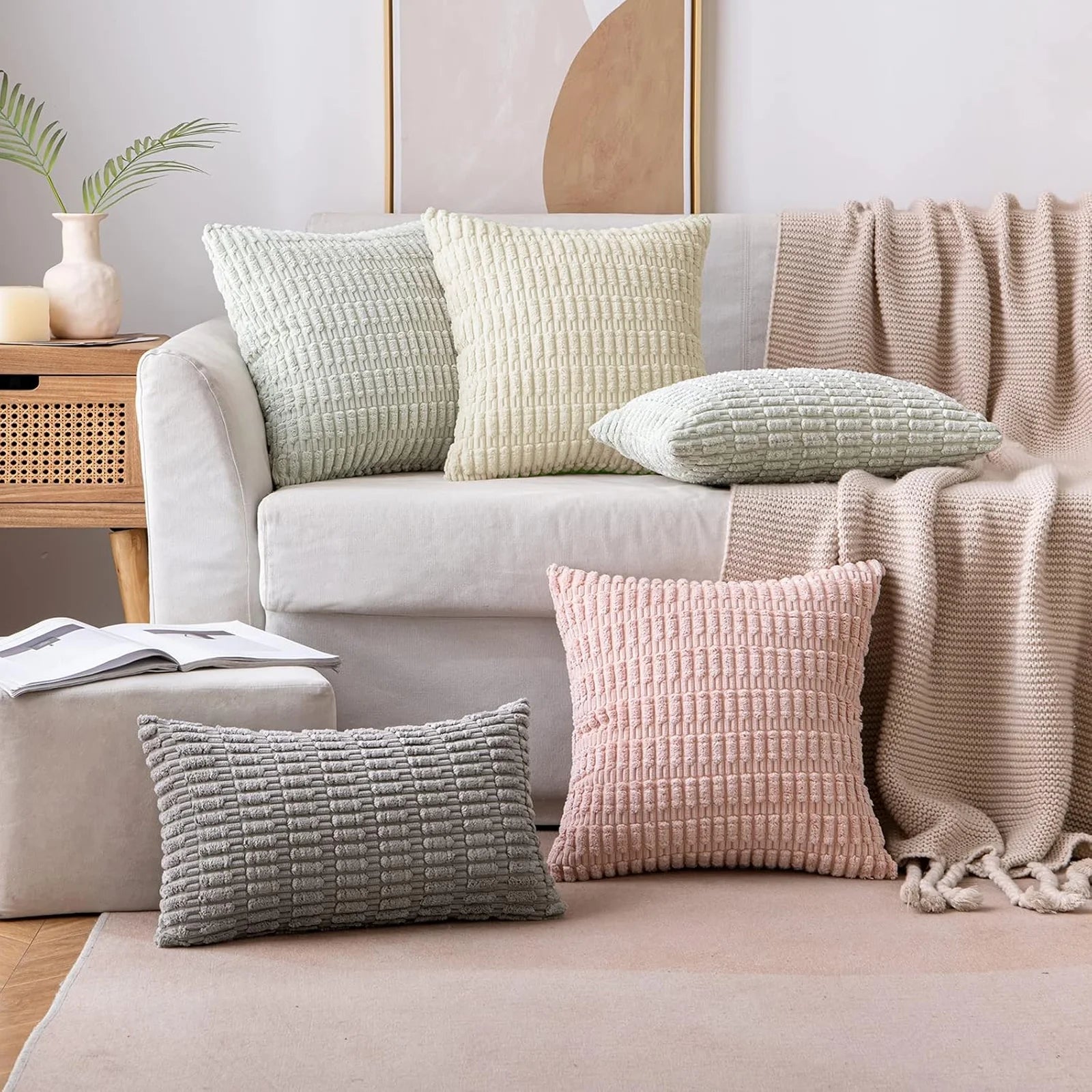 Throw Pillow Covers 18X18 Inch Set of 2 Corduroy Decorative Pillow Cases Couch Pillows Soft Boho Striped Cushion Cases Set for Sofa Living Room Couch Bedroom Car, Cream White