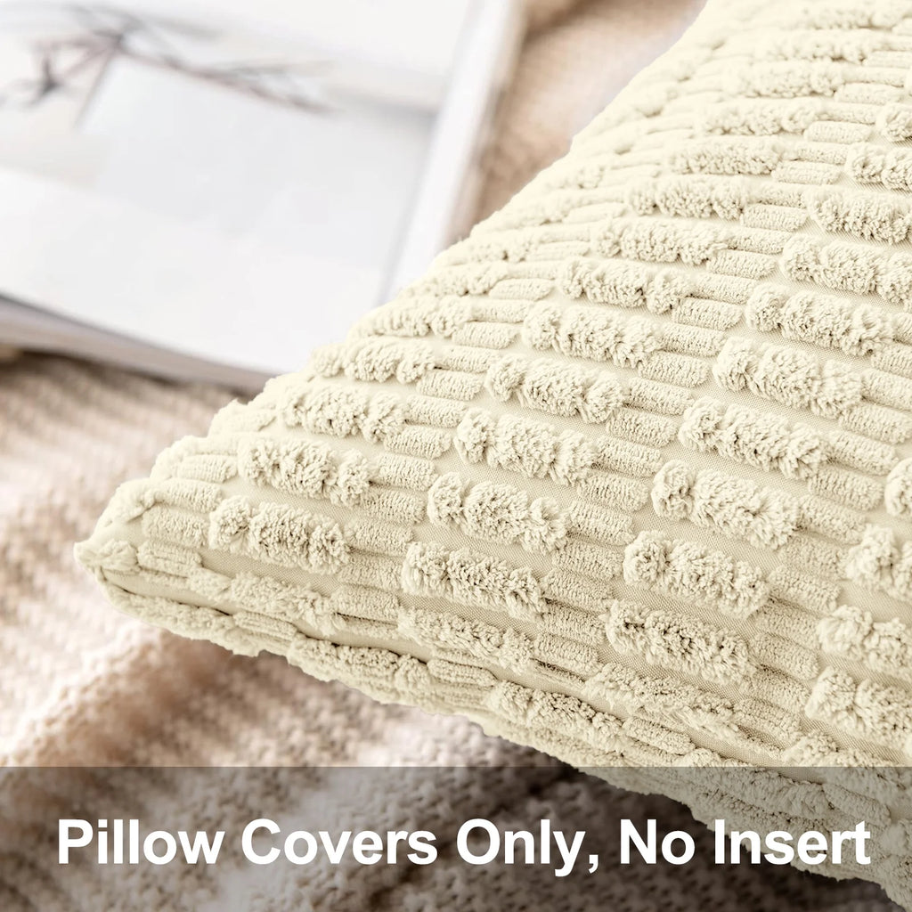 Throw Pillow Covers 18X18 Inch Set of 2 Corduroy Decorative Pillow Cases Couch Pillows Soft Boho Striped Cushion Cases Set for Sofa Living Room Couch Bedroom Car, Cream White