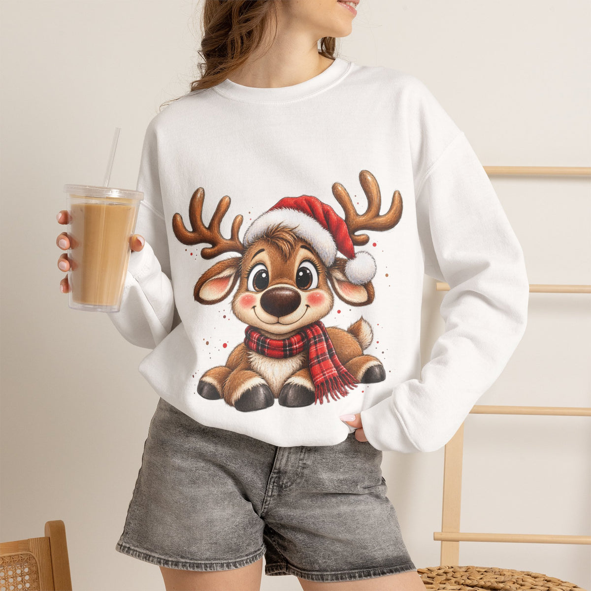 Cute Christmas Reindeer Sweatshirt | Santa Hat Holiday Crewneck