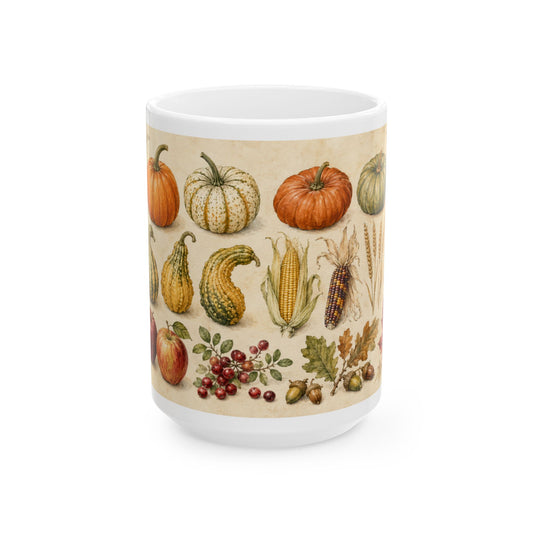 Autumn Harvest Mug | Vintage Pumpkins & Gourds Fall Coffee Cup, 15 oz