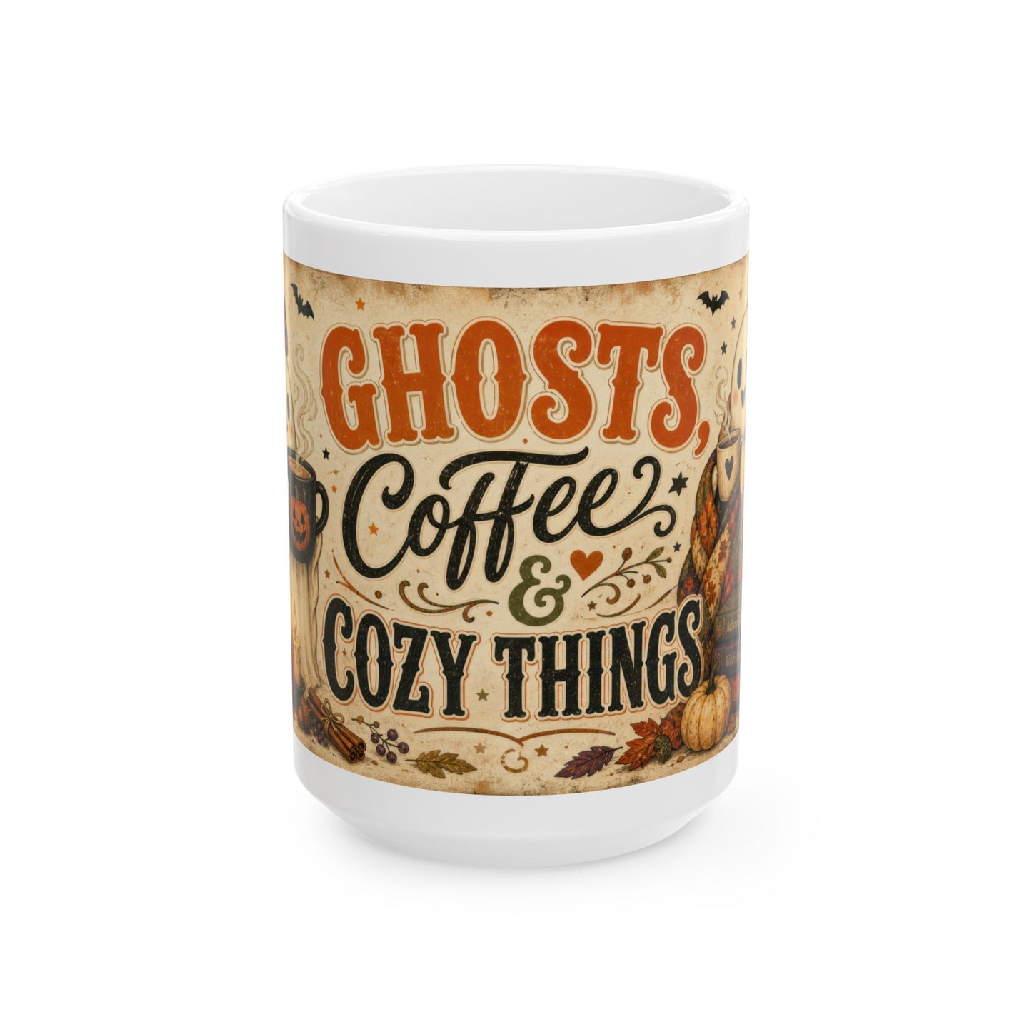 Ghosts, Coffee & Cozy Things Mug | Halloween Coffee Cup, 15 oz