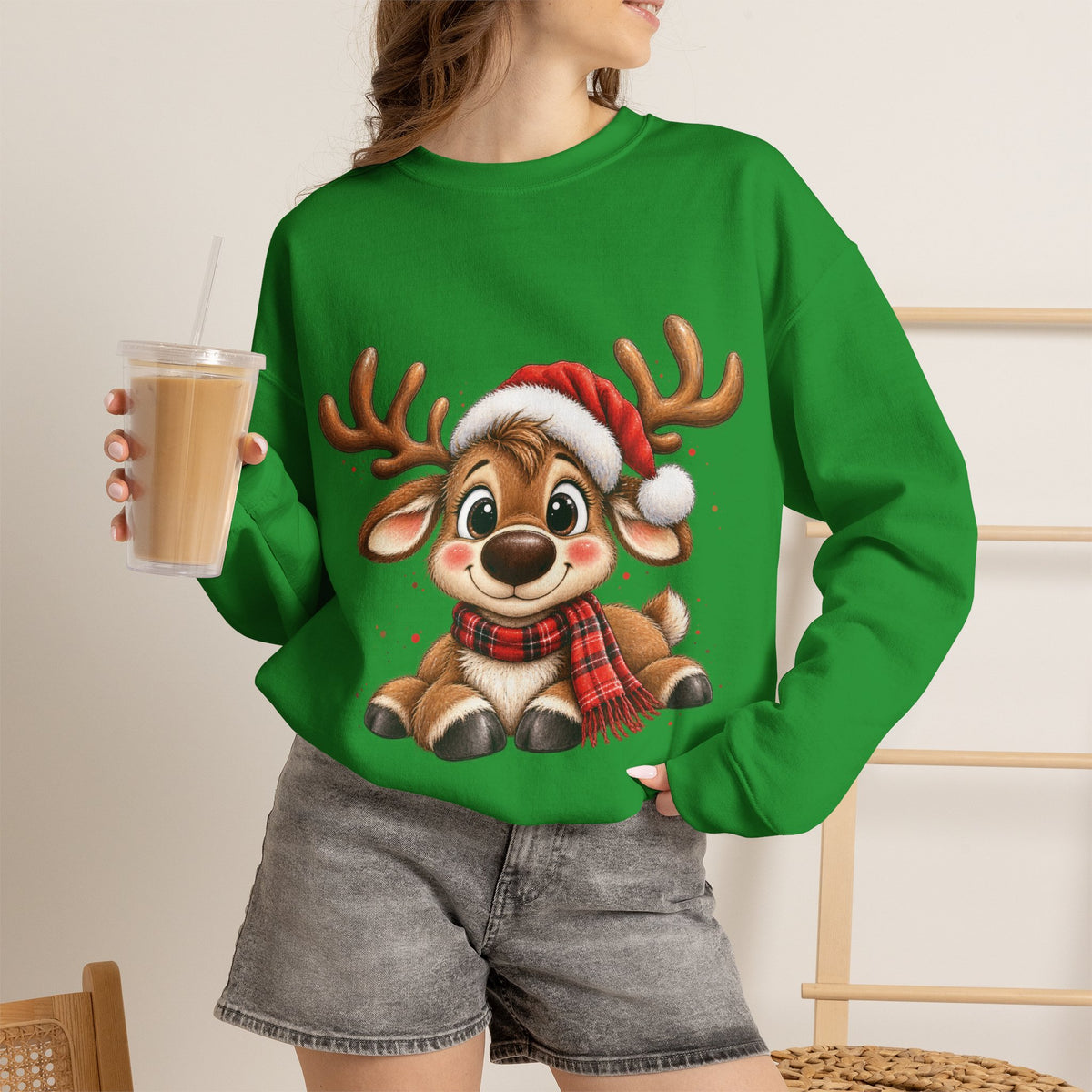 Cute Christmas Reindeer Sweatshirt | Santa Hat Holiday Crewneck