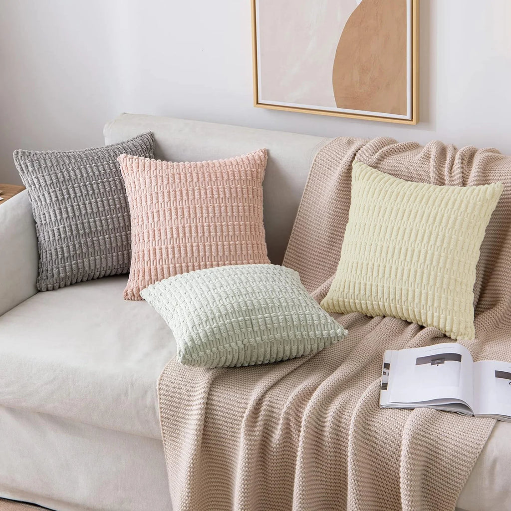 Throw Pillow Covers 18X18 Inch Set of 2 Corduroy Decorative Pillow Cases Couch Pillows Soft Boho Striped Cushion Cases Set for Sofa Living Room Couch Bedroom Car, Cream White
