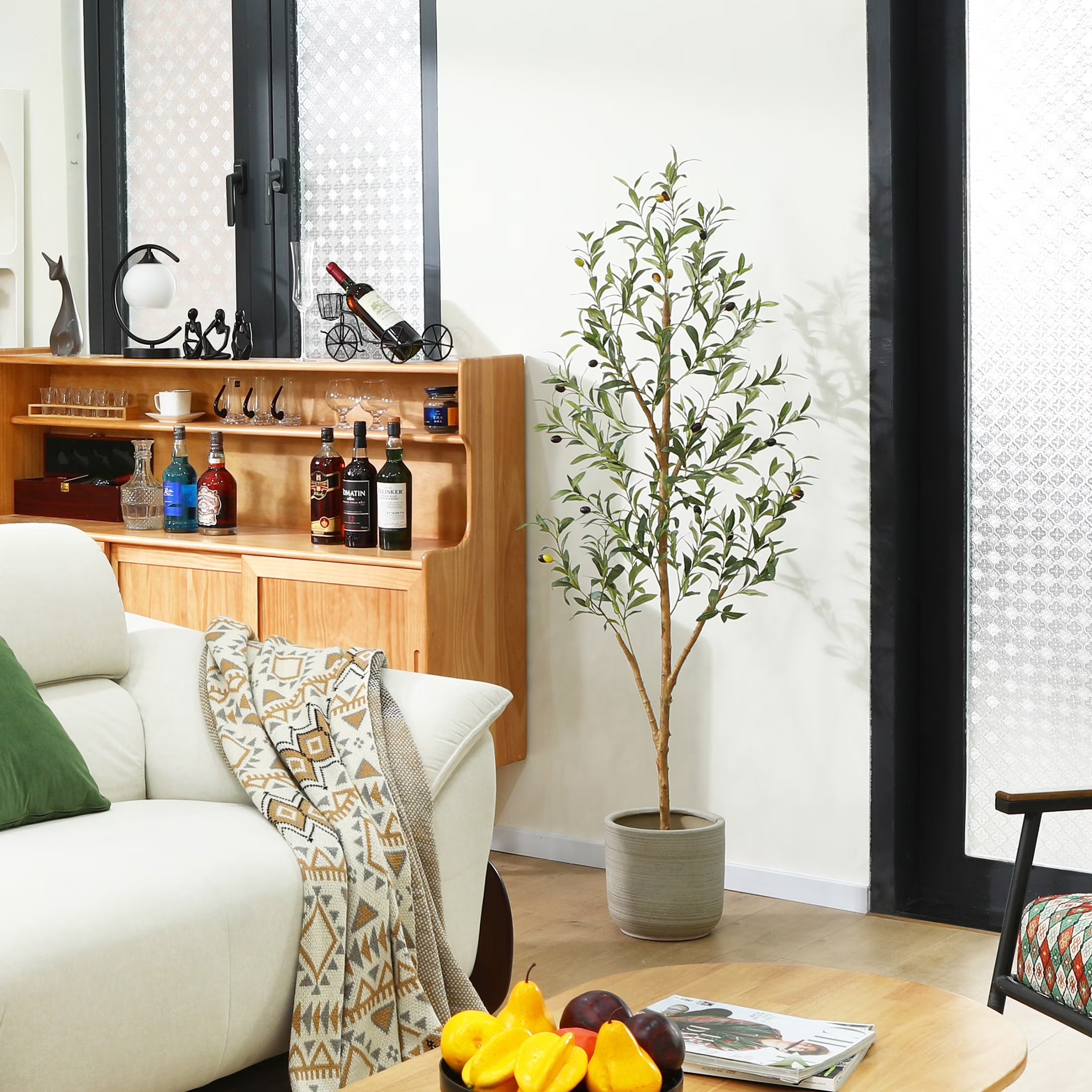 5 Ft Artificial Olive Plants with Realistic Leaves and Natural Trunk, Silk Fake Olive Tree in Black Plastic Pot, Faux Olive Tree for Office Home