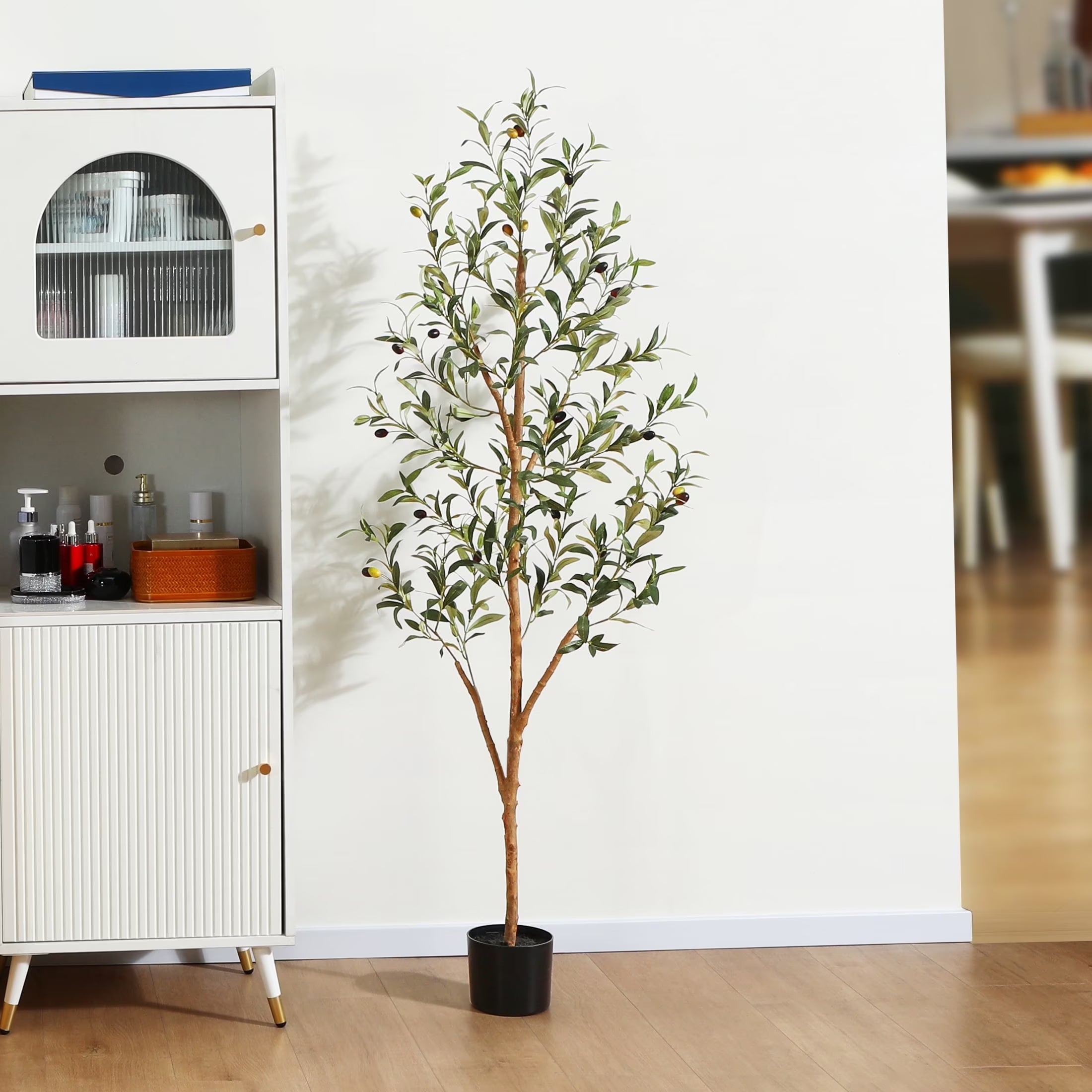 5 Ft Artificial Olive Plants with Realistic Leaves and Natural Trunk, Silk Fake Olive Tree in Black Plastic Pot, Faux Olive Tree for Office Home