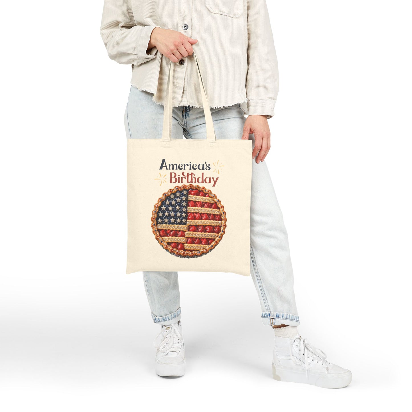America's Birthday Patriotic Tote Bag | Fourth of July Canvas Tote | American Flag Pie Grocery Bag | Summer Market Tote