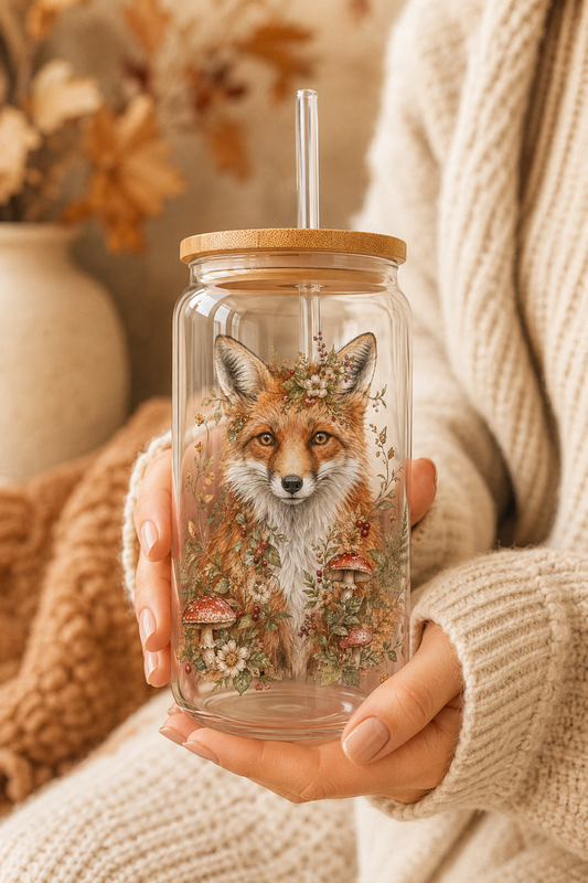 Fox Sipper Glass | 16oz Glass Can | Woodland Cottagecore Cup with Bamboo Lid