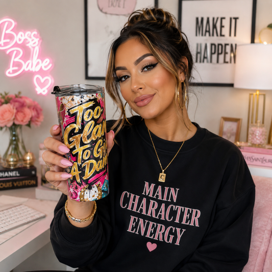 20oz Glitter Floral Tumbler — "Too Glam To Give A Damn" Insulated Travel Cup