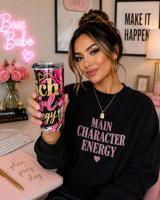 Rich Girl Energy 20oz Skinny Tumbler | Pink Glam Travel Mug | Luxury Boss Babe Cup | Stainless Steel Coffee Tumbler | Gift for Her