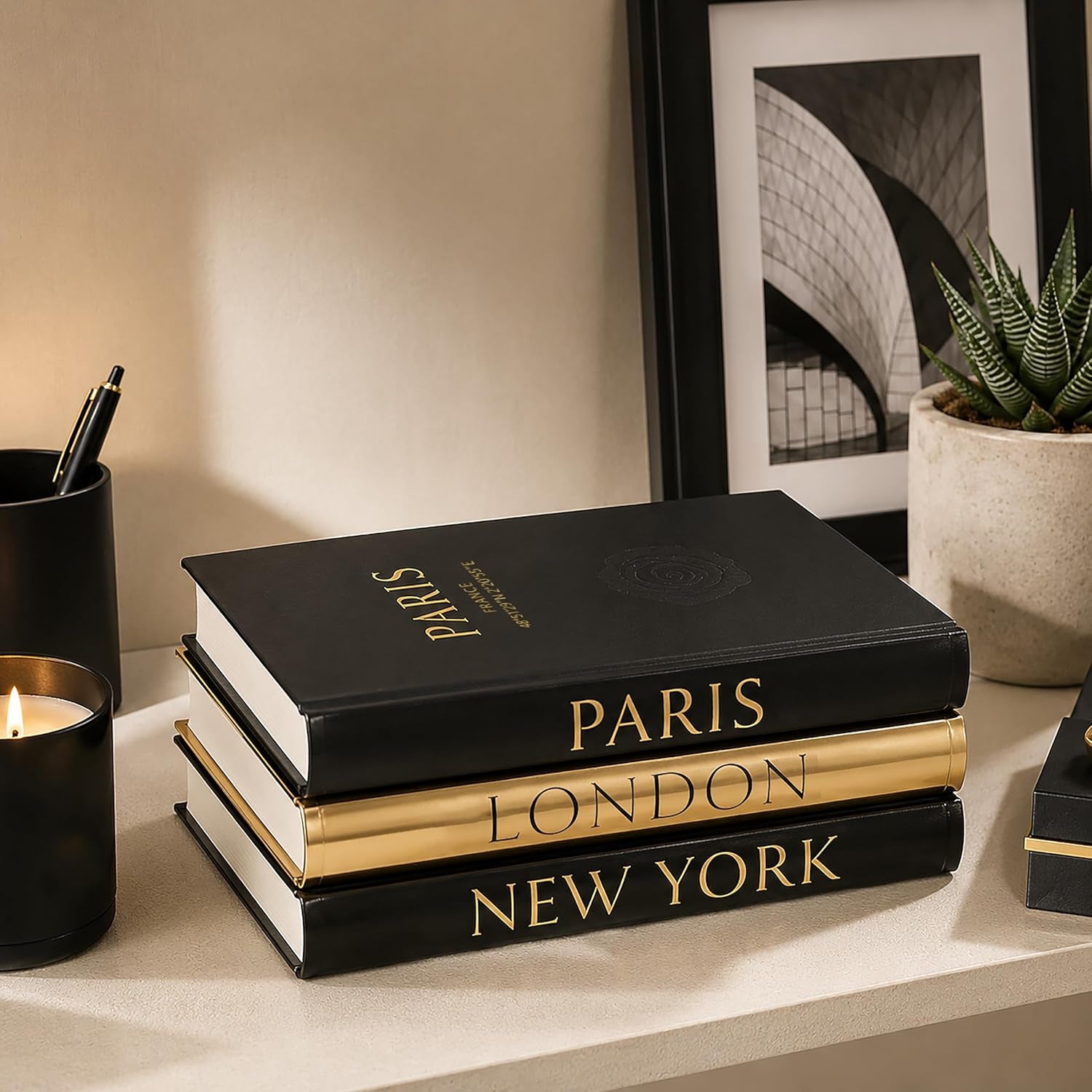 Decorative Books for Home Decor – Decorative Hardcover Display Faux Books for Bookshelf – Black and Gold Foiled Decor Books for Coffee Table – Fashion Designer Books Decor Set of 3 (Black and Gold)