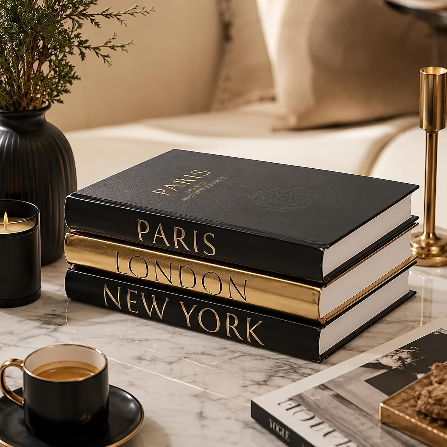 Decorative Books for Home Decor – Decorative Hardcover Display Faux Books for Bookshelf – Black and Gold Foiled Decor Books for Coffee Table – Fashion Designer Books Decor Set of 3 (Black and Gold)